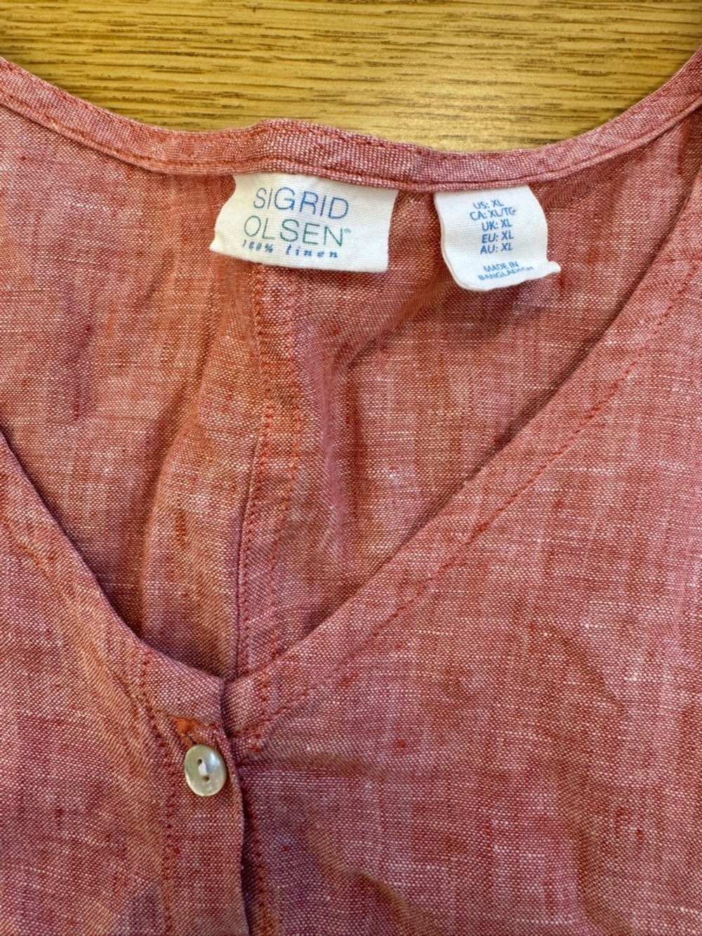 Sigrid Olsen 100% Linen Washed Coral/Red Button-Front V-Neck Top Size XL - Picture 2 of 6
